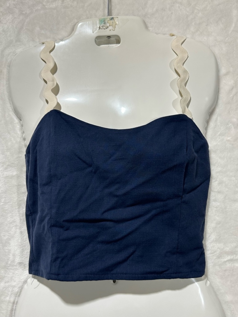 Thirty Thirty Navy blue scalloped shoulder strap cropped top size Medium NWT